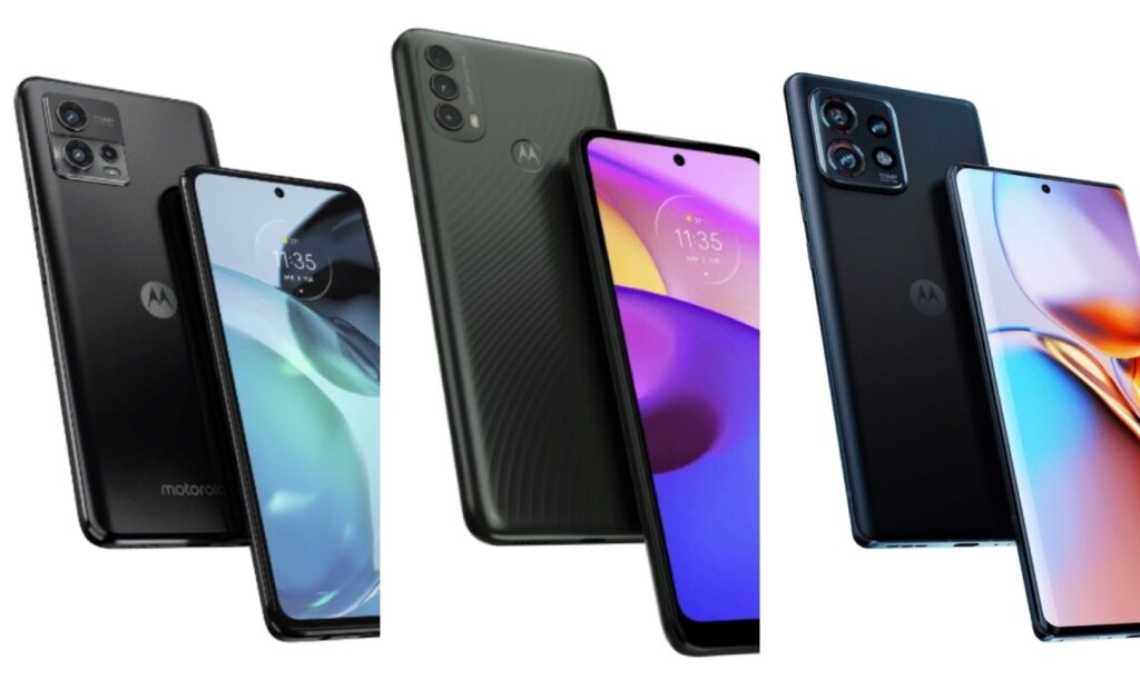 Motorola Edge 40 Pro, o Motorola Moto G 72 e o Motorola Moto E40 (Divulgação)